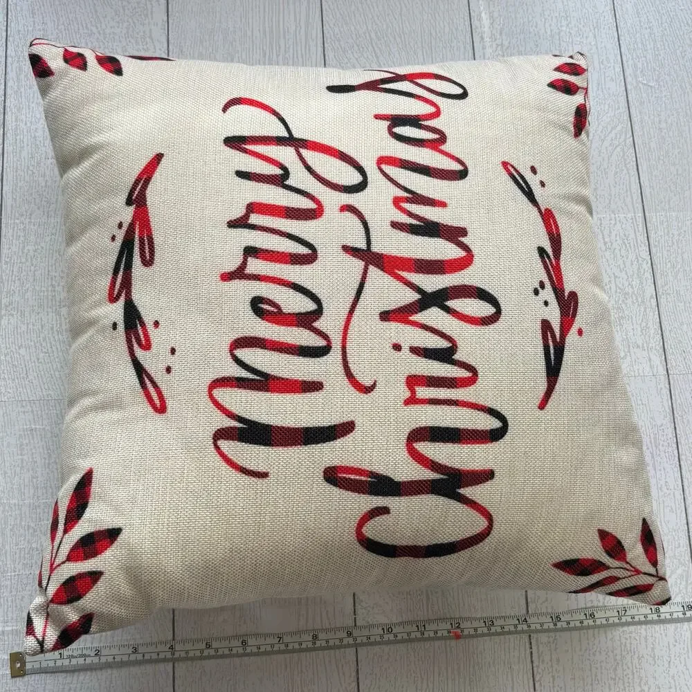 Merry Christmas Red Black Plaid Script Throw Pillow